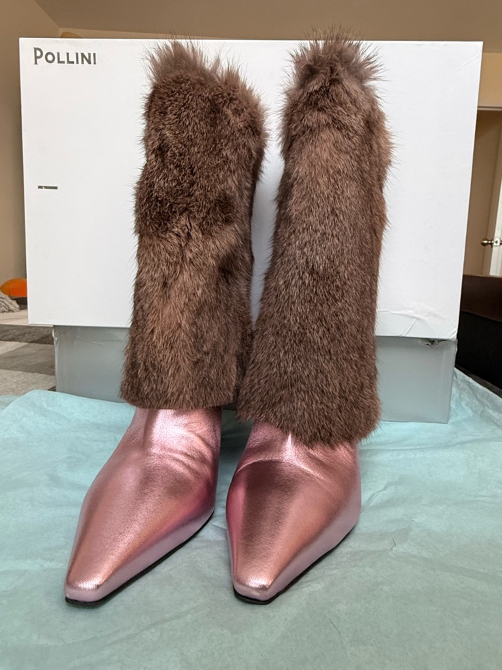 Pollini NWB $1300 real fur and leather boots heels ax 38